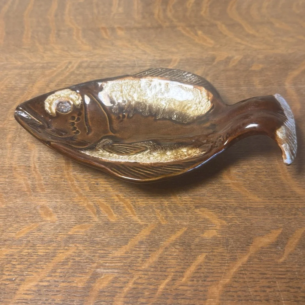 Vintage Ceramic Fish Shaped Serving Dish Brown Cream Glaze 9